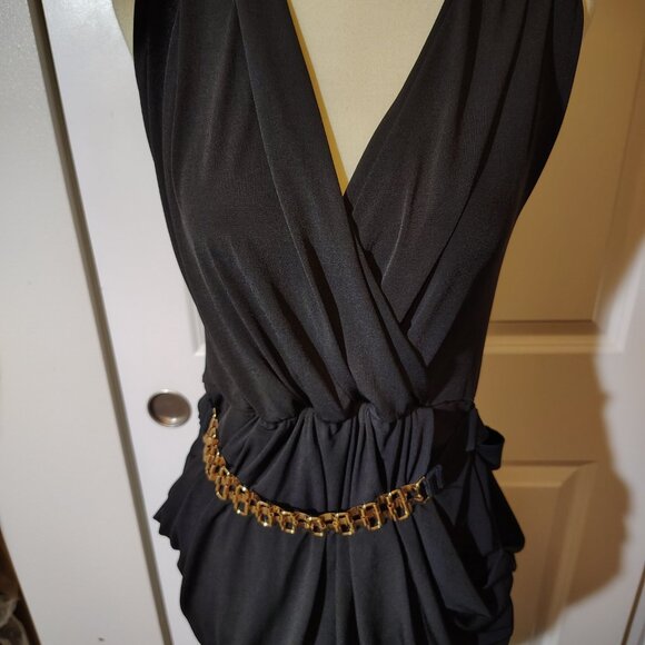 eVogues Plus Size Deep V-Neck Wrap Bodice Mini Dress Belted Black Asymmetrical - Picture 3 of 11